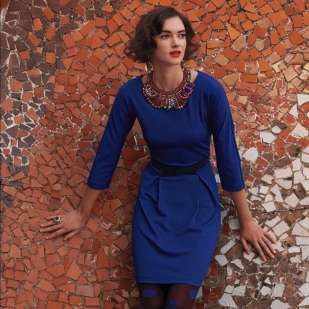 Anthropologie Girls From Savoy Woman’s Scarlet Blue Ponte Dress Size Large EUC